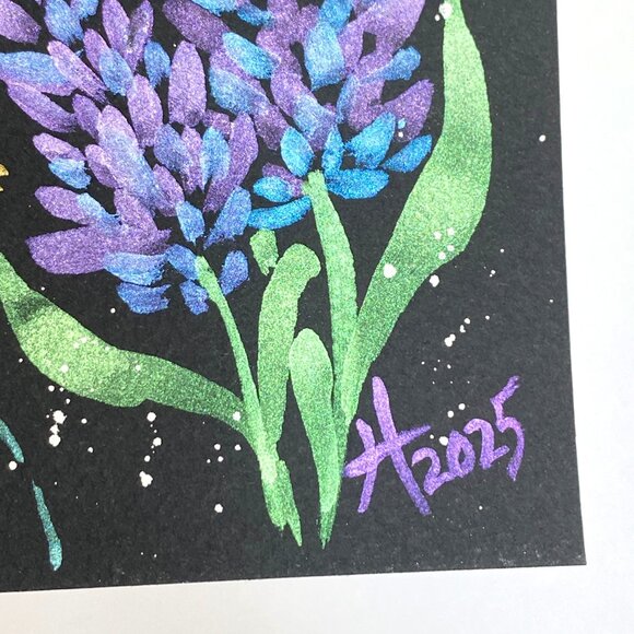 Flower Glow Original Iridescent Watercolor Painting 4x5in Black Frame Desk Art - Picture 4 of 6